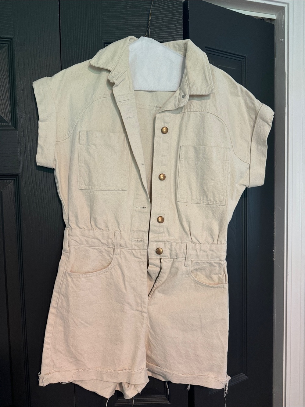 Zara Cream Short-Sleeve Cotton One-Piece Romper